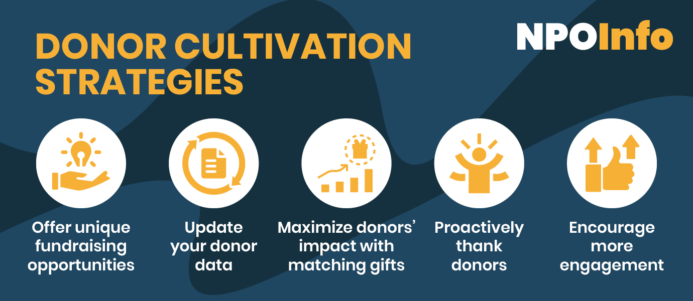 This graphic outlines some of our favorite donor cultivation strategies, like eCards and data appending.