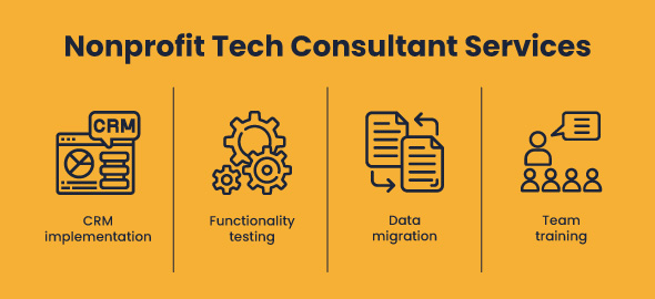 An infographic illustrating the nonprofit tech consultant services listed in the text below.